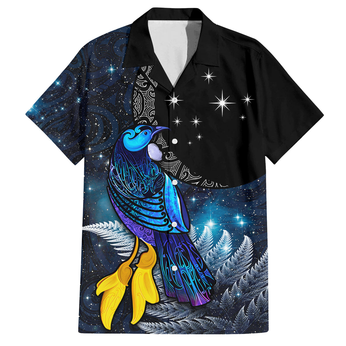 New Zealand Tui Bird Matariki Family Matching Off Shoulder Short Dress and Hawaiian Shirt Galaxy Fern With Maori Pattern LT03 Dad's Shirt - Short Sleeve Blue - Polynesian Pride