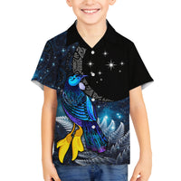 New Zealand Tui Bird Matariki Family Matching Off Shoulder Short Dress and Hawaiian Shirt Galaxy Fern With Maori Pattern LT03 Son's Shirt Blue - Polynesian Pride