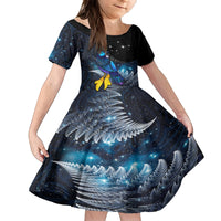 New Zealand Tui Bird Matariki Family Matching Puletasi and Hawaiian Shirt Galaxy Fern With Maori Pattern LT03 Daughter's Dress Blue - Polynesian Pride