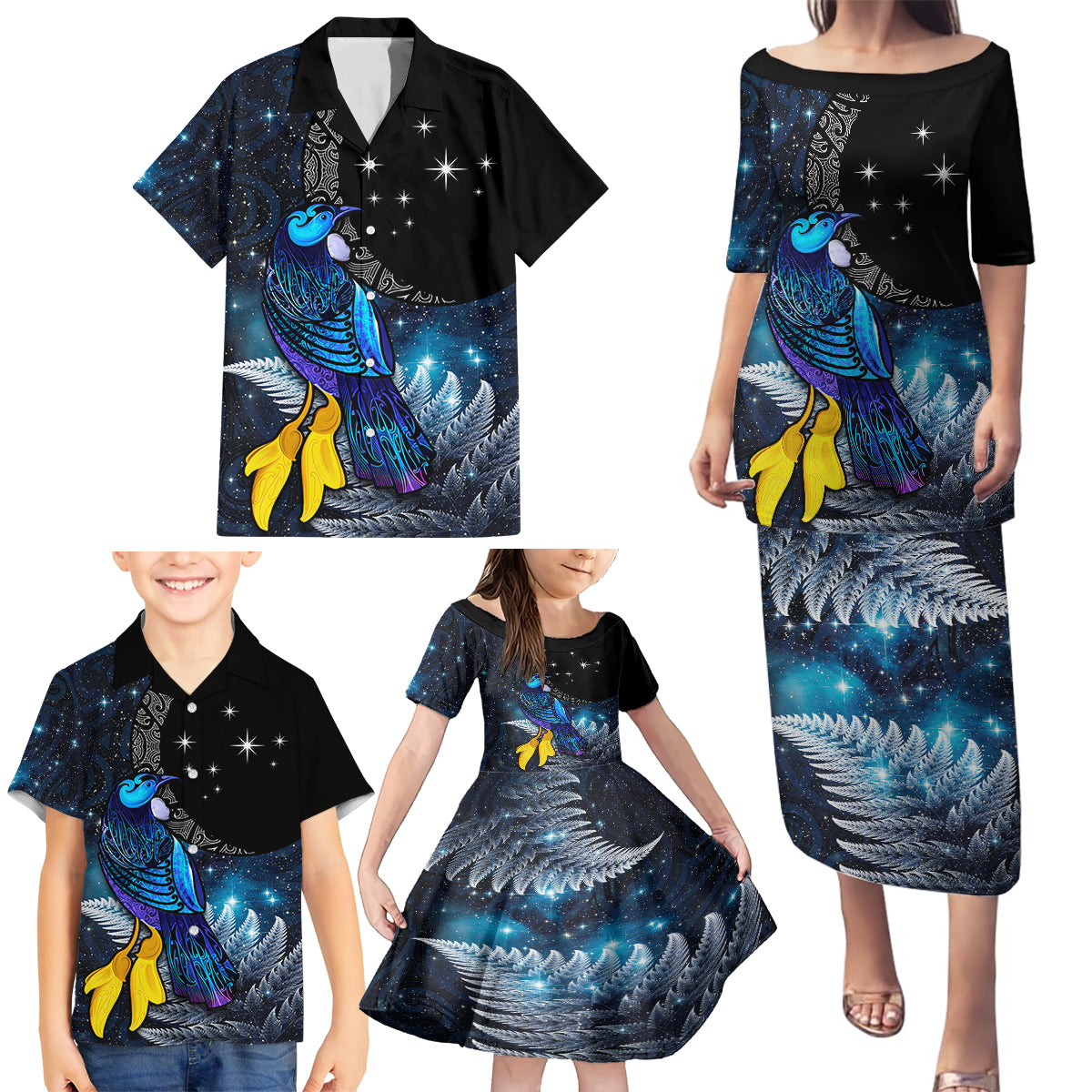 New Zealand Tui Bird Matariki Family Matching Puletasi and Hawaiian Shirt Galaxy Fern With Maori Pattern LT03 - Polynesian Pride