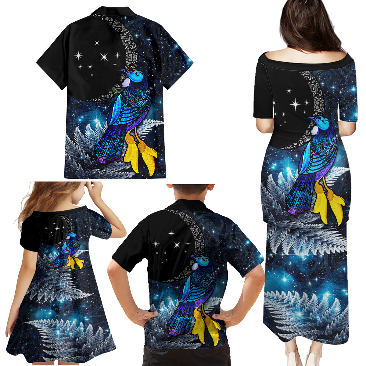 New Zealand Tui Bird Matariki Family Matching Puletasi and Hawaiian Shirt Galaxy Fern With Maori Pattern LT03 - Polynesian Pride
