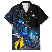 New Zealand Tui Bird Matariki Family Matching Puletasi and Hawaiian Shirt Galaxy Fern With Maori Pattern LT03 Dad's Shirt - Short Sleeve Blue - Polynesian Pride