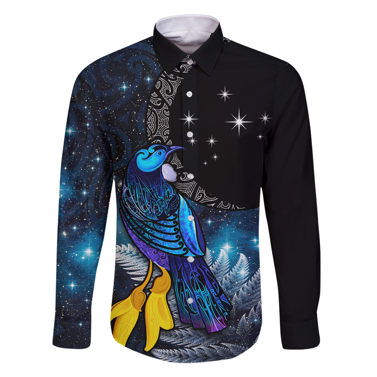 New Zealand Tui Bird Matariki Family Matching Summer Maxi Dress and Hawaiian Shirt Galaxy Fern With Maori Pattern LT03 Dad's Shirt - Long Sleeve Blue - Polynesian Pride