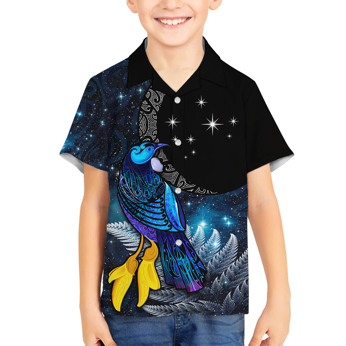 New Zealand Tui Bird Matariki Family Matching Summer Maxi Dress and Hawaiian Shirt Galaxy Fern With Maori Pattern LT03 Son's Shirt Blue - Polynesian Pride