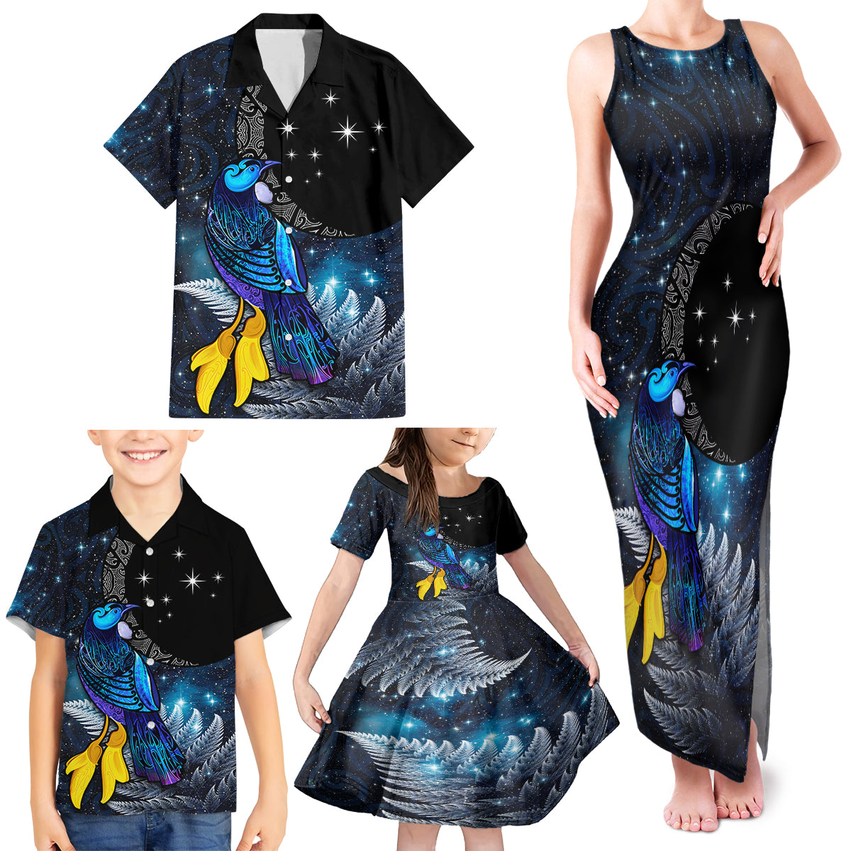 New Zealand Tui Bird Matariki Family Matching Tank Maxi Dress and Hawaiian Shirt Galaxy Fern With Maori Pattern LT03 - Polynesian Pride