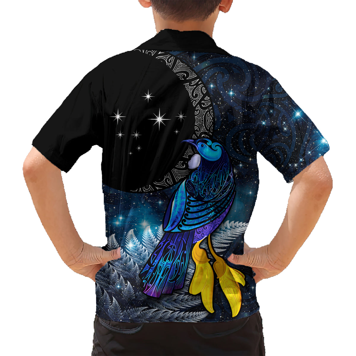 New Zealand Tui Bird Matariki Kid Hawaiian Shirt Galaxy Fern With Maori Pattern LT03 - Polynesian Pride