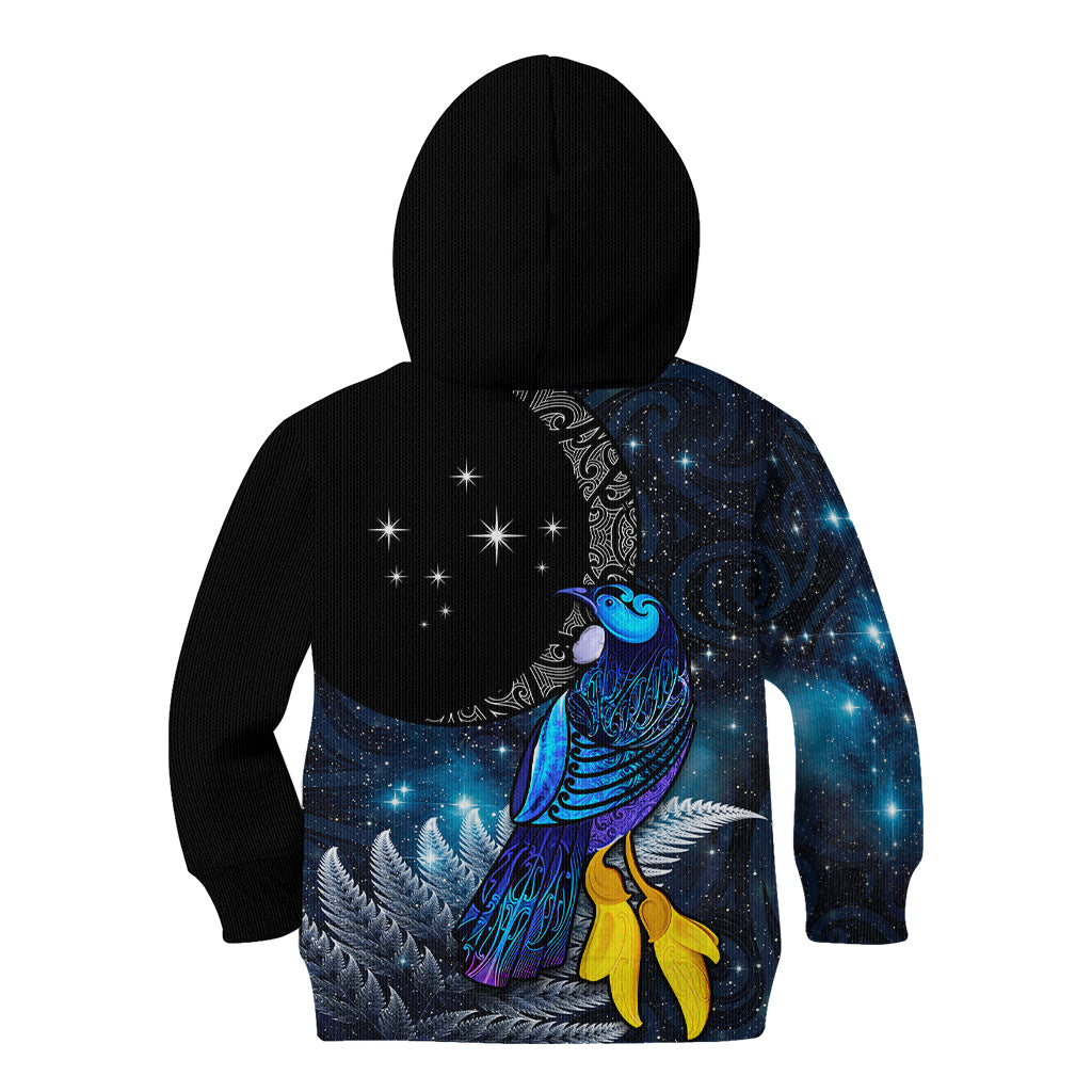New Zealand Tui Bird Matariki Kid Hoodie Galaxy Fern With Maori Pattern LT03 - Polynesian Pride