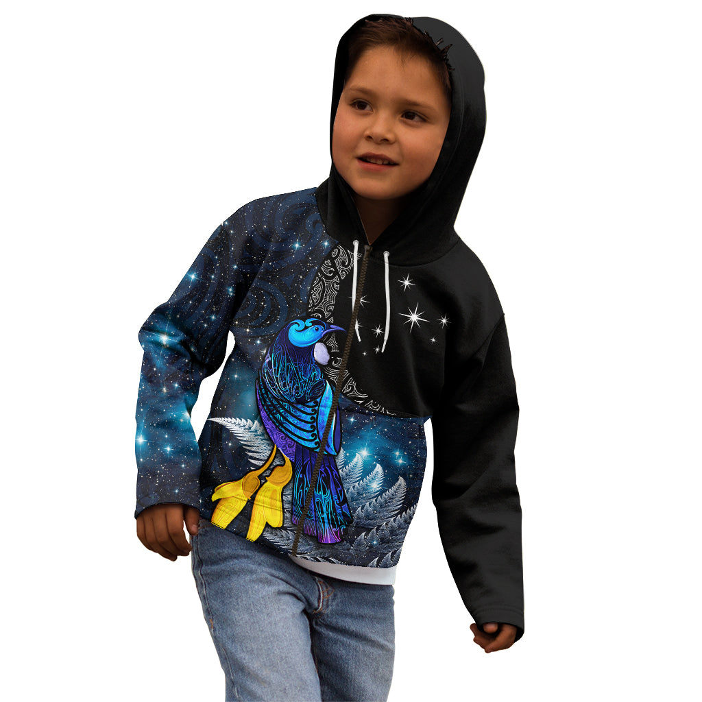 New Zealand Tui Bird Matariki Kid Hoodie Galaxy Fern With Maori Pattern LT03 - Polynesian Pride