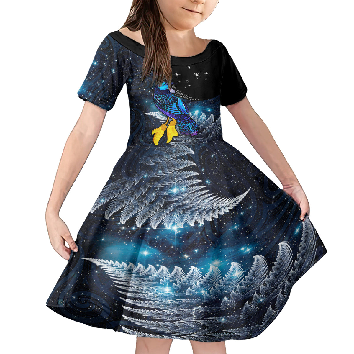 New Zealand Tui Bird Matariki Kid Short Sleeve Dress Galaxy Fern With Maori Pattern LT03 KID Blue - Polynesian Pride