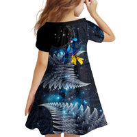 New Zealand Tui Bird Matariki Kid Short Sleeve Dress Galaxy Fern With Maori Pattern LT03 - Polynesian Pride