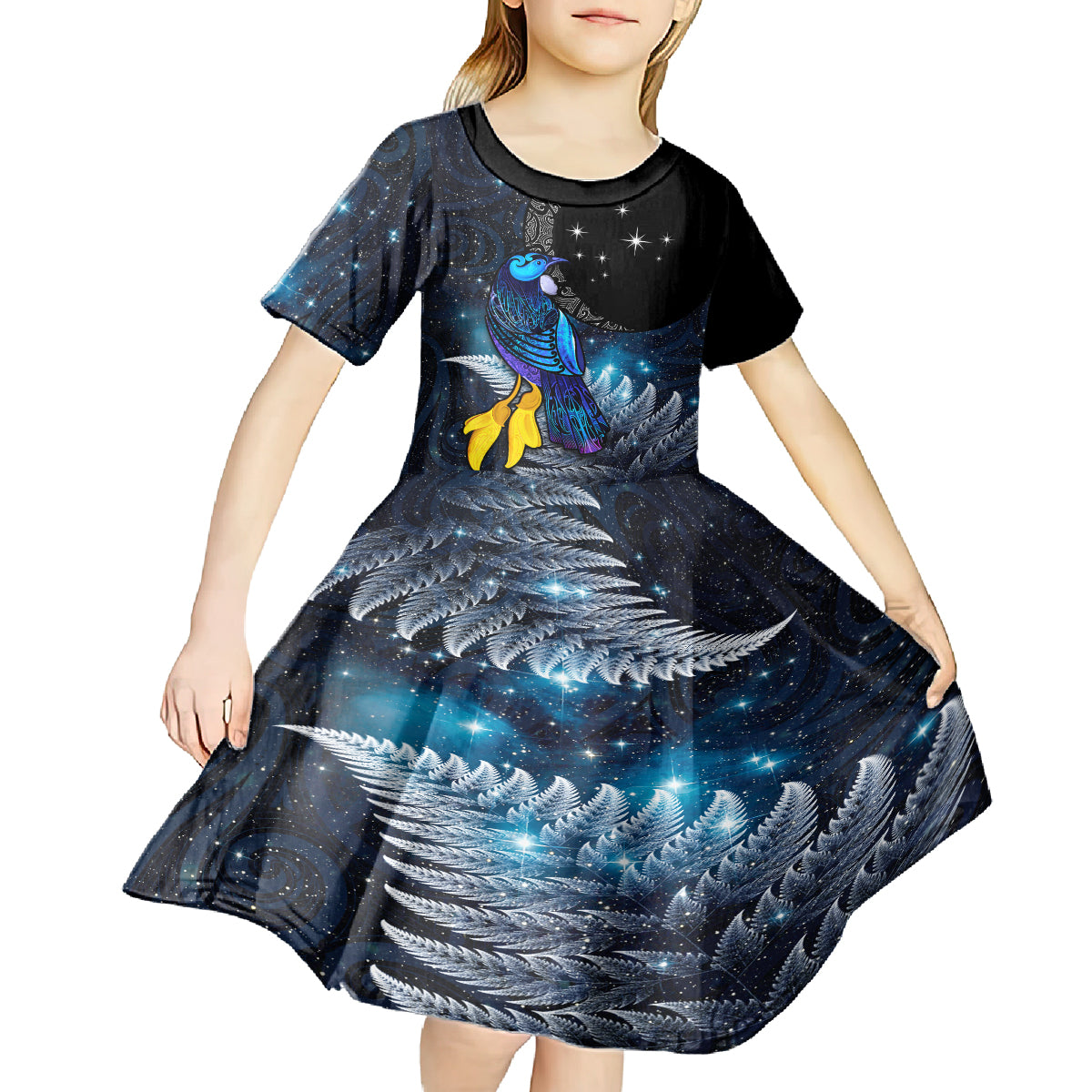 New Zealand Tui Bird Matariki Kid Short Sleeve Dress Galaxy Fern With Maori Pattern LT03 - Polynesian Pride