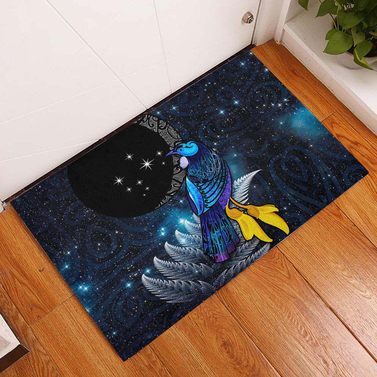 New Zealand Tui Bird Matariki Rubber Doormat Galaxy Fern With Maori Pattern LT03 Blue - Polynesian Pride