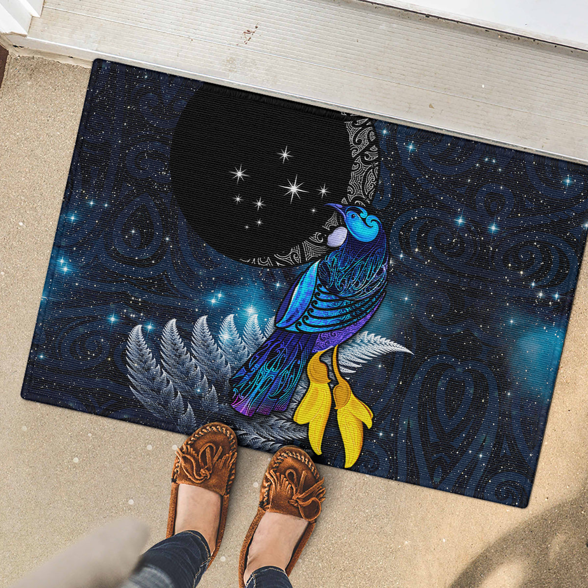 New Zealand Tui Bird Matariki Rubber Doormat Galaxy Fern With Maori Pattern LT03 - Polynesian Pride