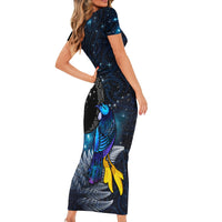 New Zealand Tui Bird Matariki Short Sleeve Bodycon Dress Galaxy Fern With Maori Pattern LT03 - Polynesian Pride