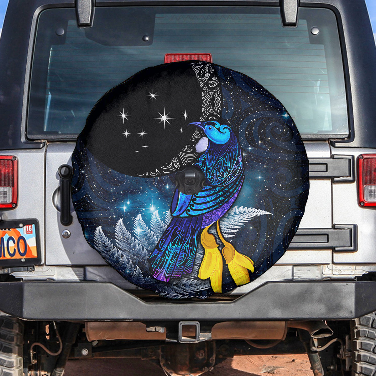 New Zealand Tui Bird Matariki Spare Tire Cover Galaxy Fern With Maori Pattern LT03 Blue - Polynesian Pride