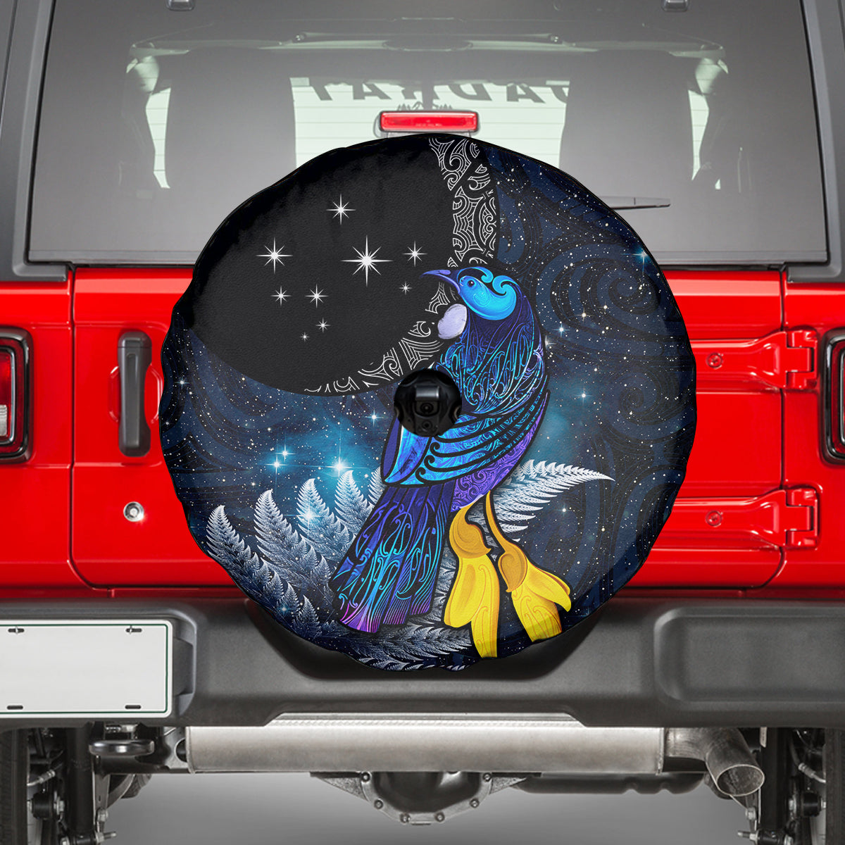 New Zealand Tui Bird Matariki Spare Tire Cover Galaxy Fern With Maori Pattern LT03 - Polynesian Pride