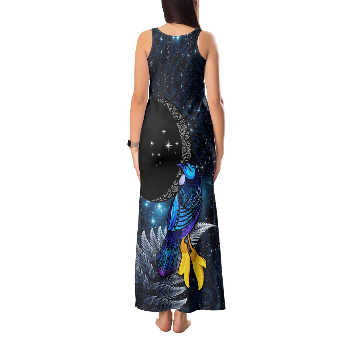 New Zealand Tui Bird Matariki Tank Maxi Dress Galaxy Fern With Maori Pattern LT03 - Polynesian Pride