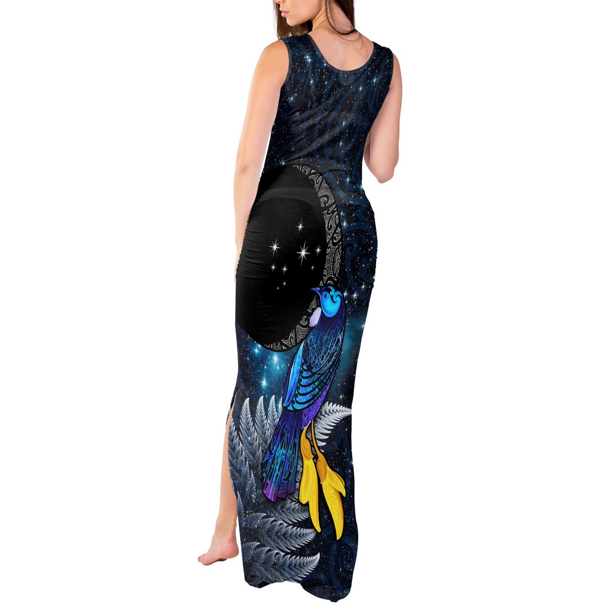 New Zealand Tui Bird Matariki Tank Maxi Dress Galaxy Fern With Maori Pattern LT03 - Polynesian Pride