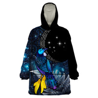 New Zealand Tui Bird Matariki Wearable Blanket Hoodie Galaxy Fern With Maori Pattern LT03 One Size Blue - Polynesian Pride
