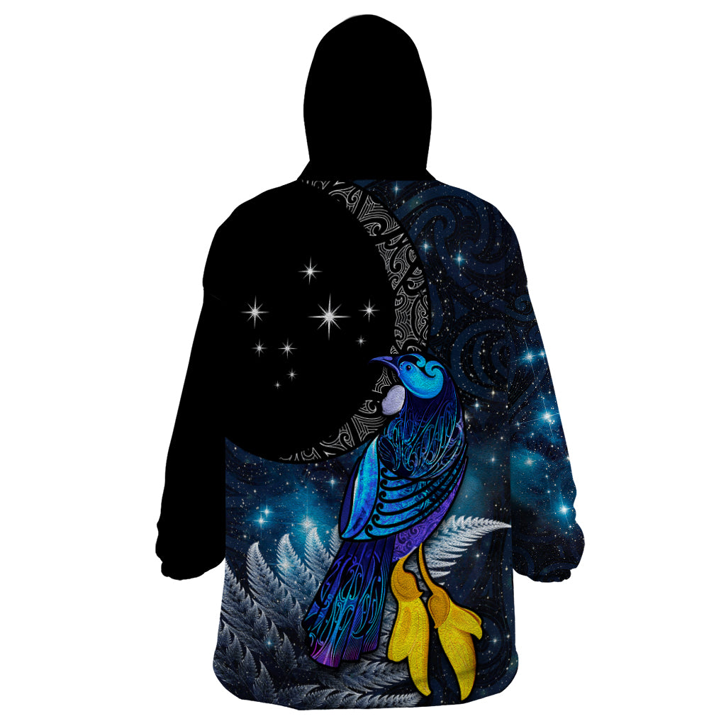 New Zealand Tui Bird Matariki Wearable Blanket Hoodie Galaxy Fern With Maori Pattern LT03 - Polynesian Pride
