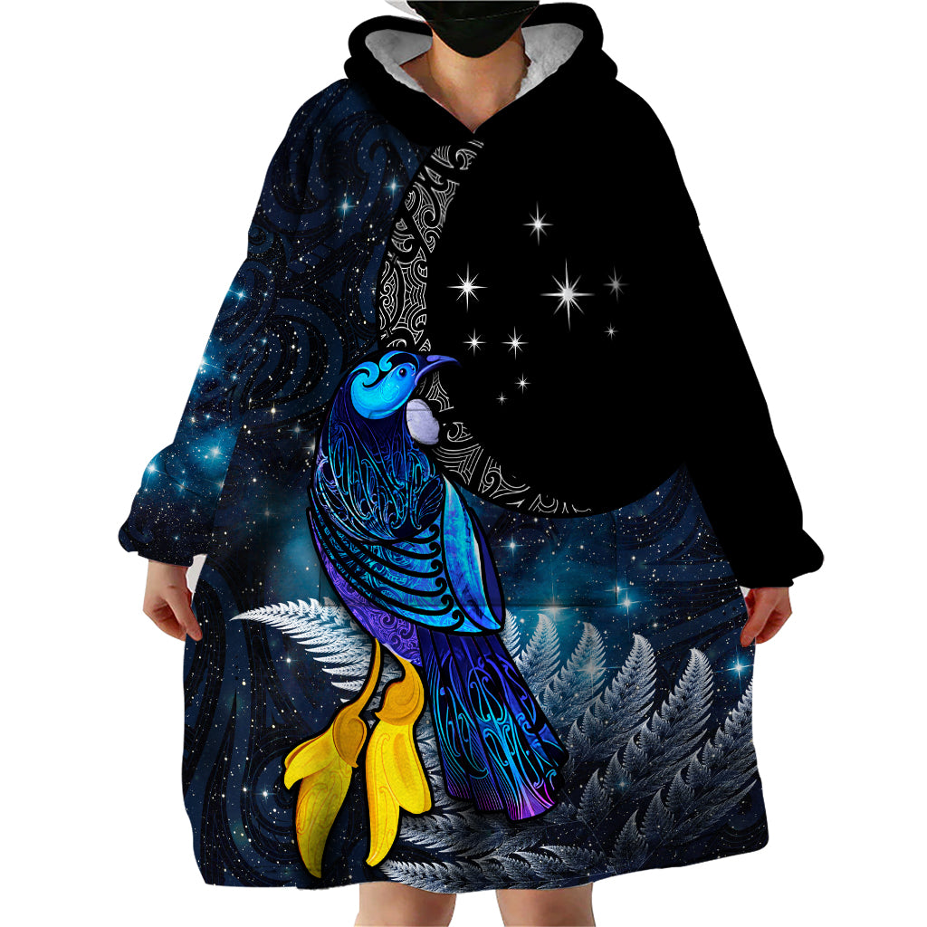 New Zealand Tui Bird Matariki Wearable Blanket Hoodie Galaxy Fern With Maori Pattern LT03 - Polynesian Pride