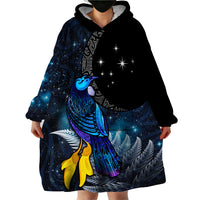 New Zealand Tui Bird Matariki Wearable Blanket Hoodie Galaxy Fern With Maori Pattern LT03 - Polynesian Pride