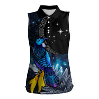 New Zealand Tui Bird Matariki Women Sleeveless Polo Shirt Galaxy Fern With Maori Pattern LT03 Female Blue - Polynesian Pride