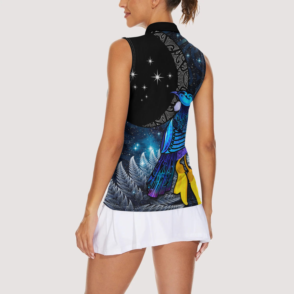 New Zealand Tui Bird Matariki Women Sleeveless Polo Shirt Galaxy Fern With Maori Pattern LT03 - Polynesian Pride