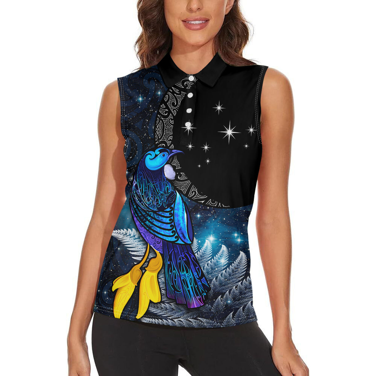 New Zealand Tui Bird Matariki Women Sleeveless Polo Shirt Galaxy Fern With Maori Pattern LT03 - Polynesian Pride
