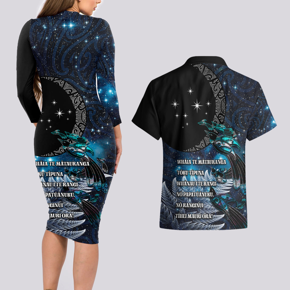 New Zealand Tui Bird Couples Matching Long Sleeve Bodycon Dress and Hawaiian Shirt Matariki Poetry Pattern Galaxy Style LT03 - Polynesian Pride