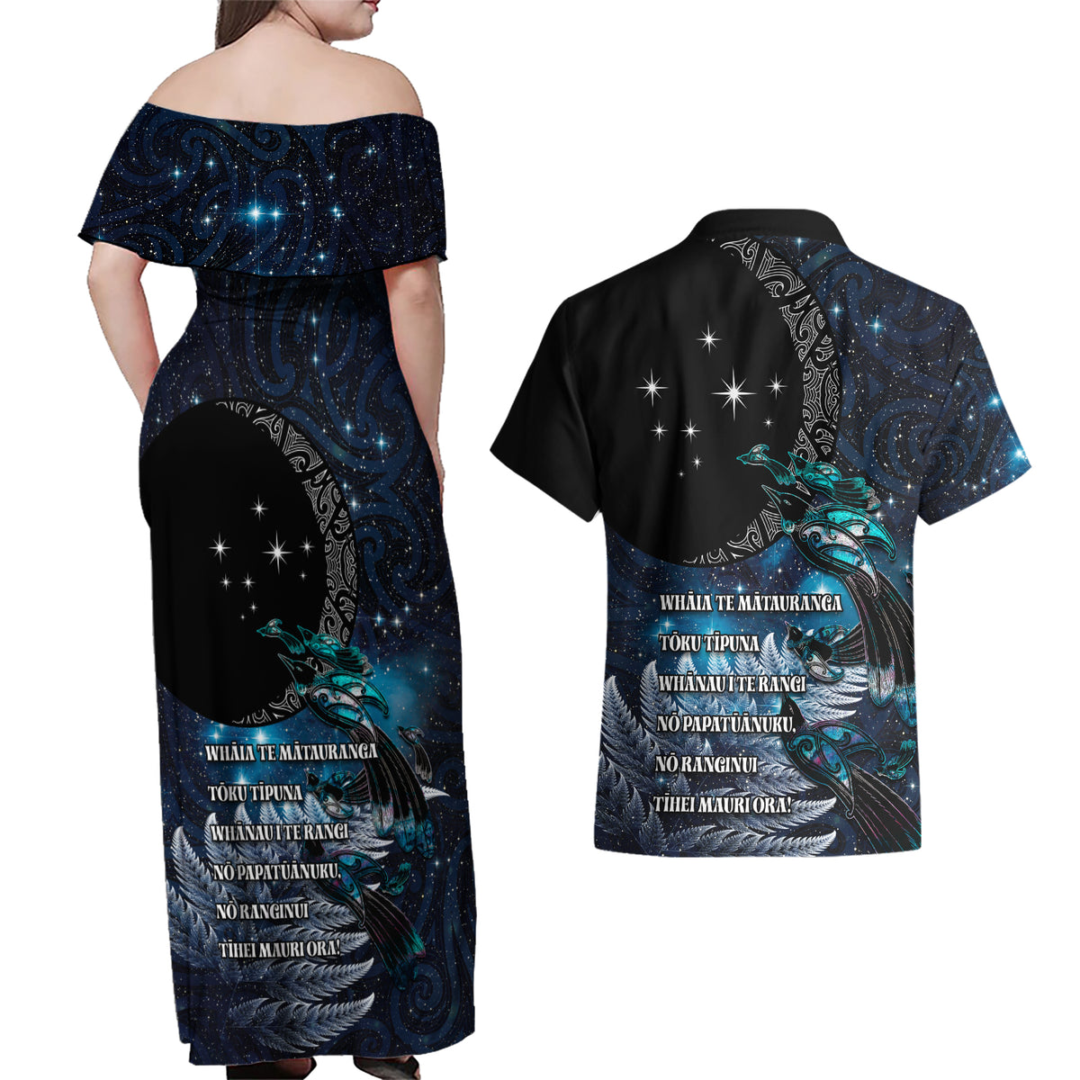 New Zealand Tui Bird Couples Matching Off Shoulder Maxi Dress and Hawaiian Shirt Matariki Poetry Pattern Galaxy Style LT03 - Polynesian Pride