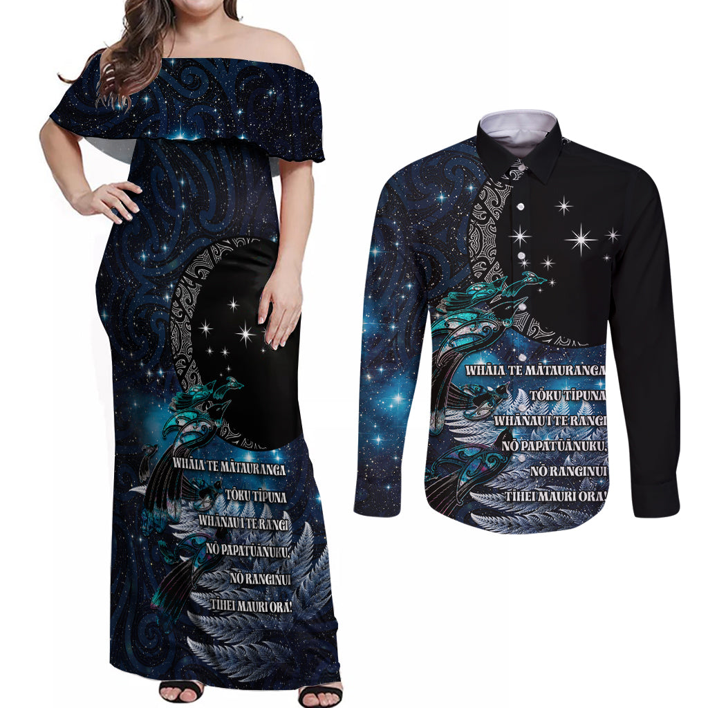 New Zealand Tui Bird Couples Matching Off Shoulder Maxi Dress and Long Sleeve Button Shirt Matariki Poetry Pattern Galaxy Style LT03 Blue - Polynesian Pride