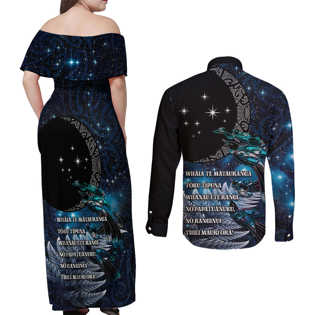 New Zealand Tui Bird Couples Matching Off Shoulder Maxi Dress and Long Sleeve Button Shirt Matariki Poetry Pattern Galaxy Style LT03 - Polynesian Pride