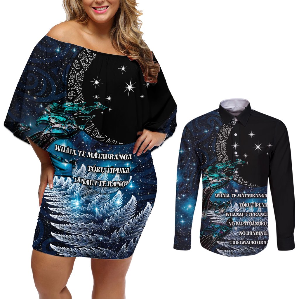 New Zealand Tui Bird Couples Matching Off Shoulder Short Dress and Long Sleeve Button Shirt Matariki Poetry Pattern Galaxy Style LT03 Blue - Polynesian Pride