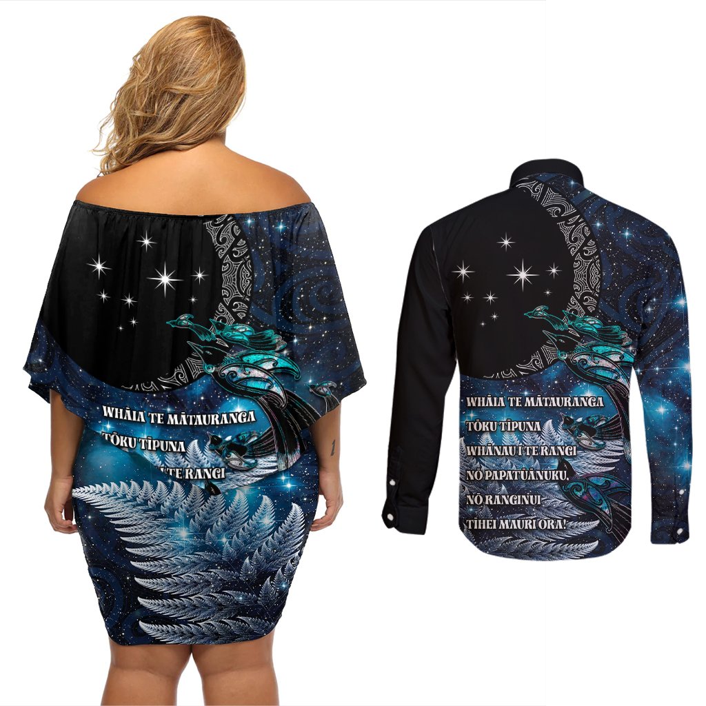 New Zealand Tui Bird Couples Matching Off Shoulder Short Dress and Long Sleeve Button Shirt Matariki Poetry Pattern Galaxy Style LT03 - Polynesian Pride