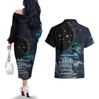 New Zealand Tui Bird Couples Matching Off The Shoulder Long Sleeve Dress and Hawaiian Shirt Matariki Poetry Pattern Galaxy Style LT03 - Polynesian Pride