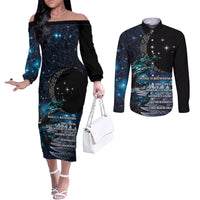 New Zealand Tui Bird Couples Matching Off The Shoulder Long Sleeve Dress and Long Sleeve Button Shirt Matariki Poetry Pattern Galaxy Style LT03 Blue - Polynesian Pride