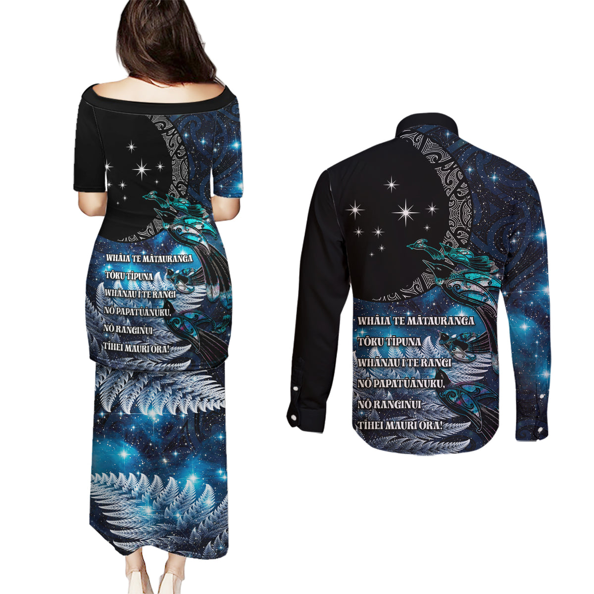 New Zealand Tui Bird Couples Matching Puletasi and Long Sleeve Button Shirt Matariki Poetry Pattern Galaxy Style LT03 - Polynesian Pride