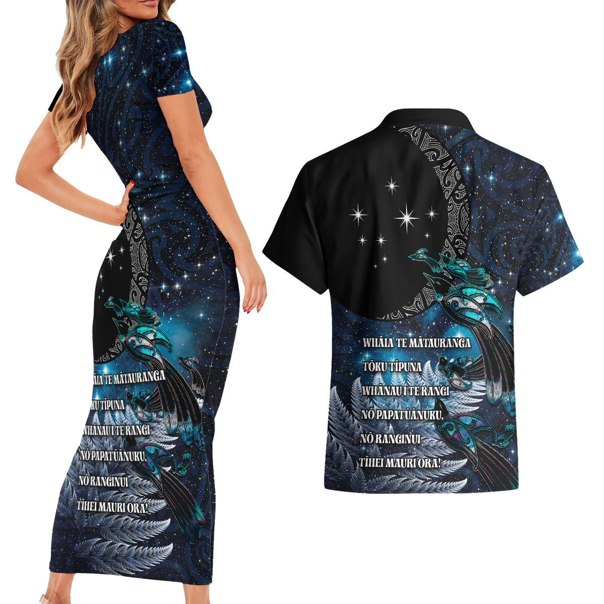 New Zealand Tui Bird Couples Matching Short Sleeve Bodycon Dress and Hawaiian Shirt Matariki Poetry Pattern Galaxy Style LT03 - Polynesian Pride