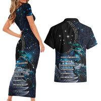 New Zealand Tui Bird Couples Matching Short Sleeve Bodycon Dress and Hawaiian Shirt Matariki Poetry Pattern Galaxy Style LT03 - Polynesian Pride