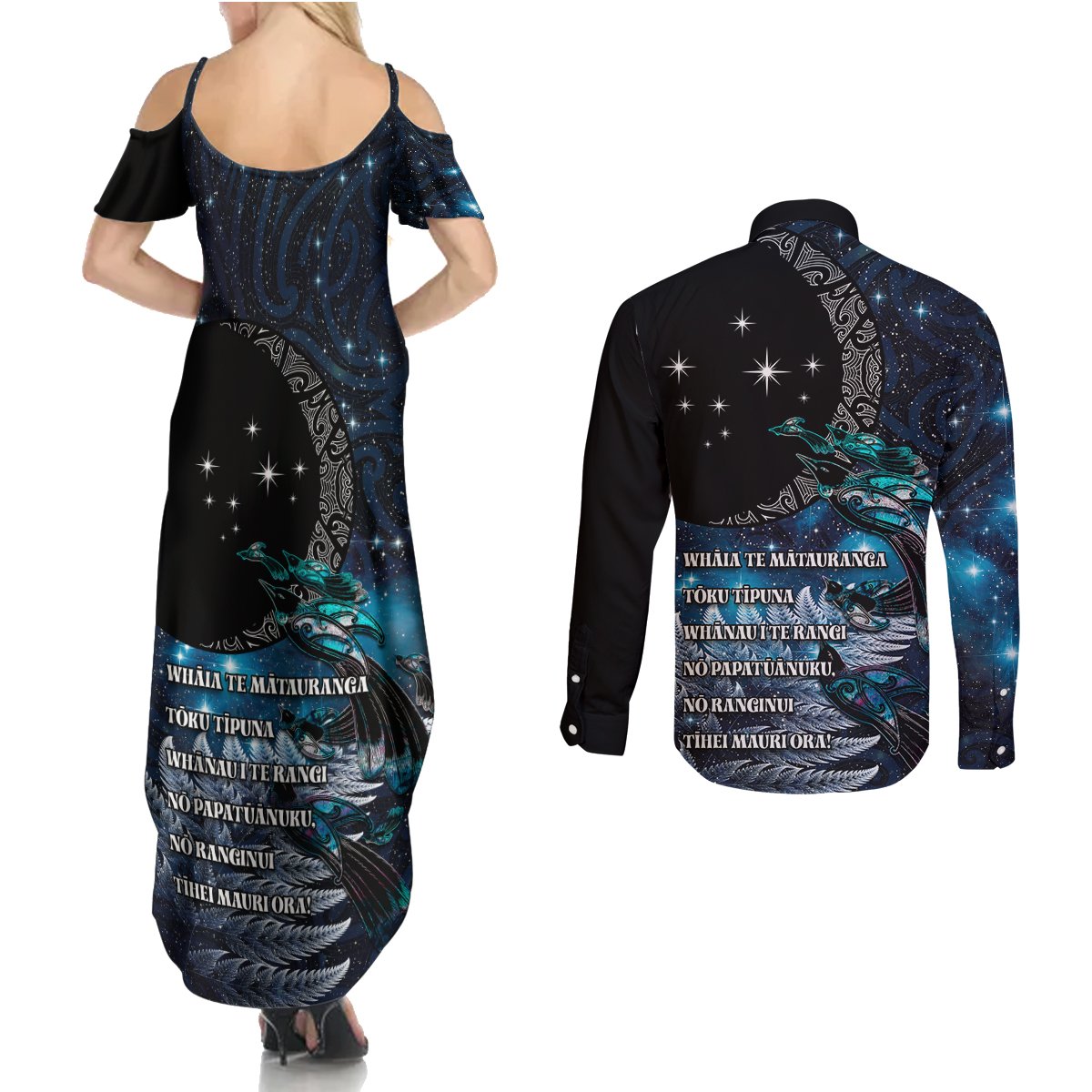 New Zealand Tui Bird Couples Matching Summer Maxi Dress and Long Sleeve Button Shirt Matariki Poetry Pattern Galaxy Style LT03 - Polynesian Pride