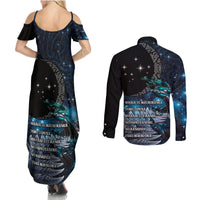 New Zealand Tui Bird Couples Matching Summer Maxi Dress and Long Sleeve Button Shirt Matariki Poetry Pattern Galaxy Style LT03 - Polynesian Pride