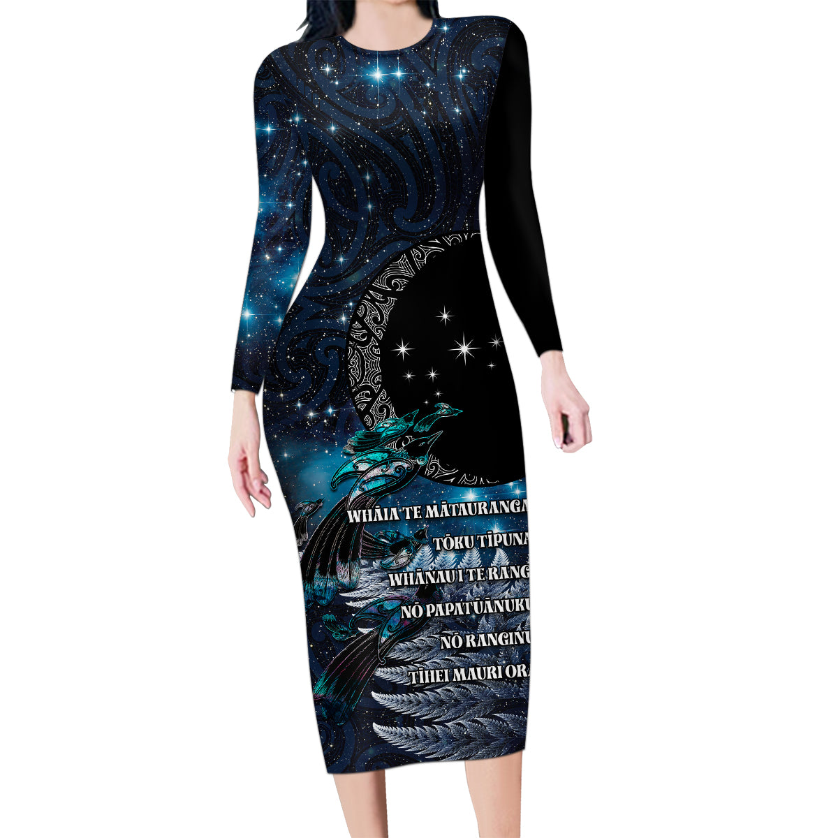 New Zealand Tui Bird Family Matching Long Sleeve Bodycon Dress and Hawaiian Shirt Matariki Poetry Pattern Galaxy Style LT03 Mom's Dress Blue - Polynesian Pride