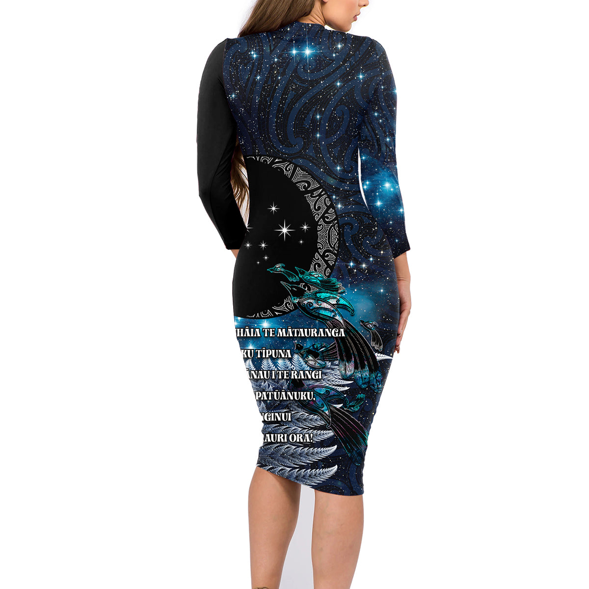 New Zealand Tui Bird Family Matching Long Sleeve Bodycon Dress and Hawaiian Shirt Matariki Poetry Pattern Galaxy Style LT03 - Polynesian Pride
