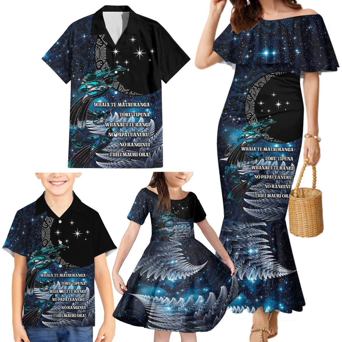 New Zealand Tui Bird Family Matching Mermaid Dress and Hawaiian Shirt Matariki Poetry Pattern Galaxy Style LT03 - Polynesian Pride