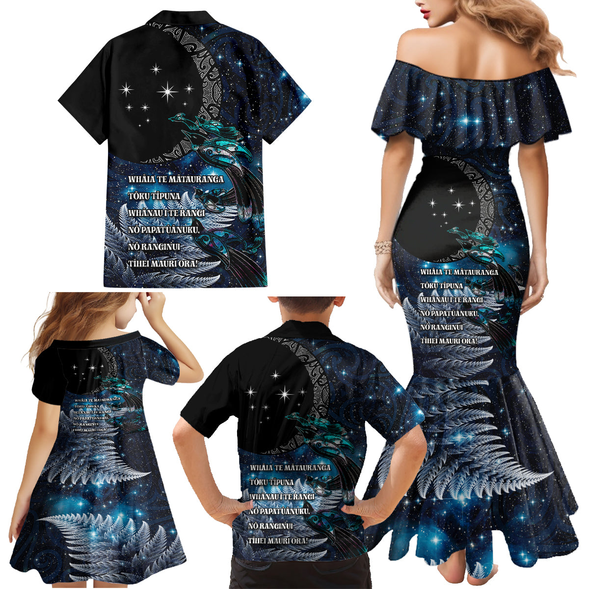 New Zealand Tui Bird Family Matching Mermaid Dress and Hawaiian Shirt Matariki Poetry Pattern Galaxy Style LT03 - Polynesian Pride