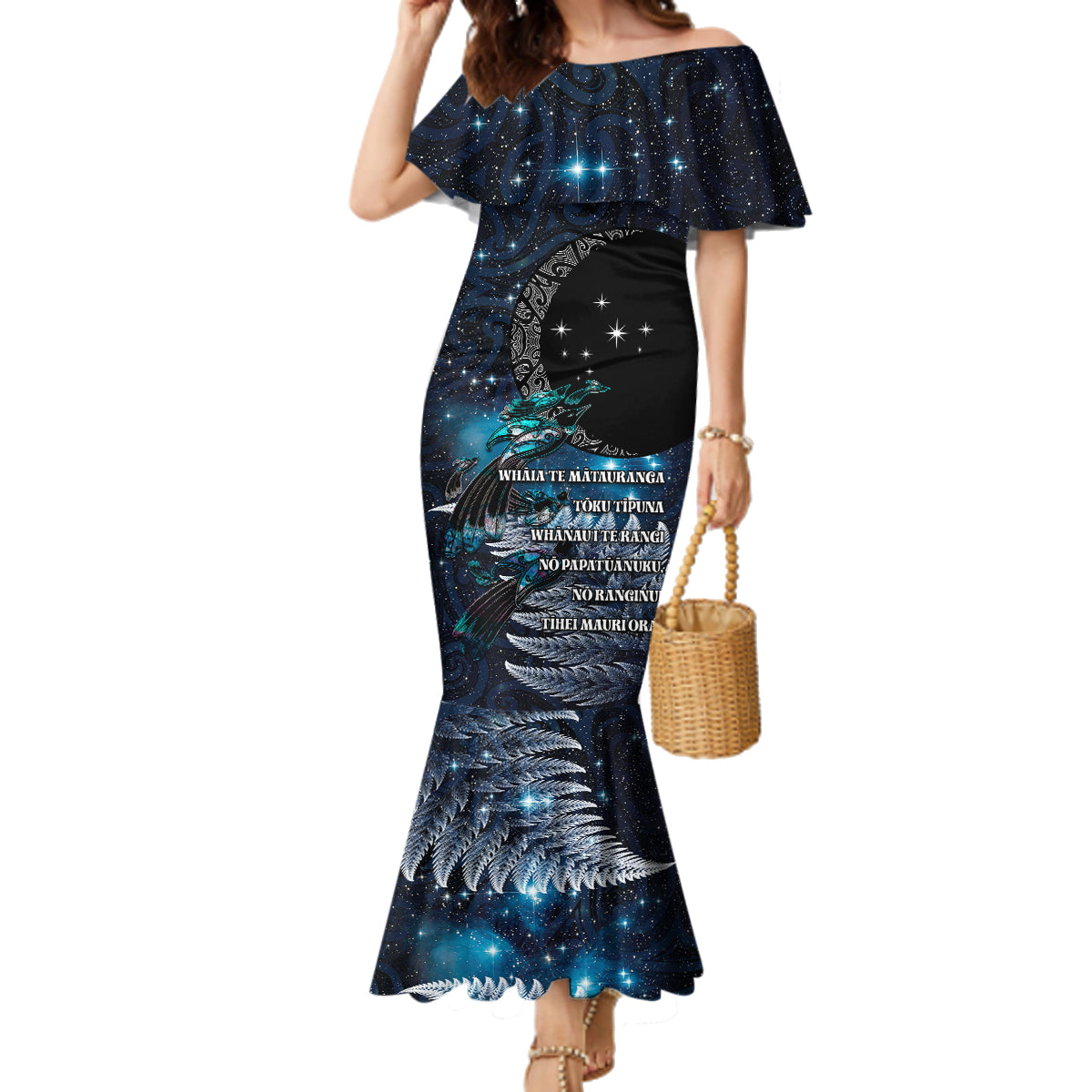 New Zealand Tui Bird Family Matching Mermaid Dress and Hawaiian Shirt Matariki Poetry Pattern Galaxy Style LT03 Mom's Dress Blue - Polynesian Pride