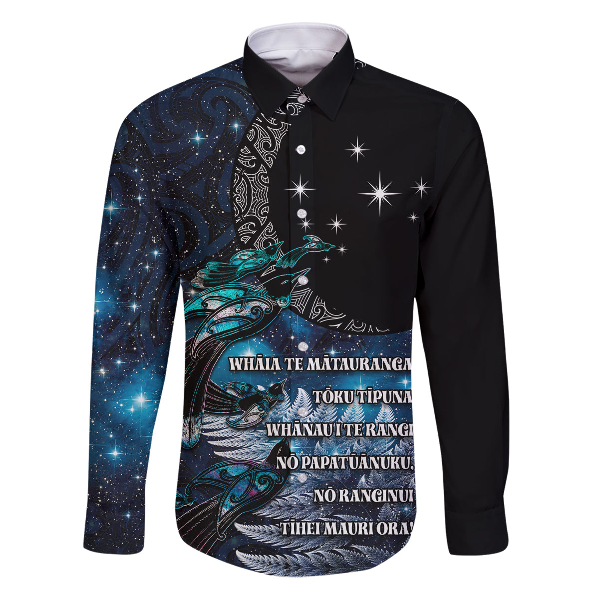 New Zealand Tui Bird Family Matching Off The Shoulder Long Sleeve Dress and Hawaiian Shirt Matariki Poetry Pattern Galaxy Style LT03 Dad's Shirt - Long Sleeve Blue - Polynesian Pride