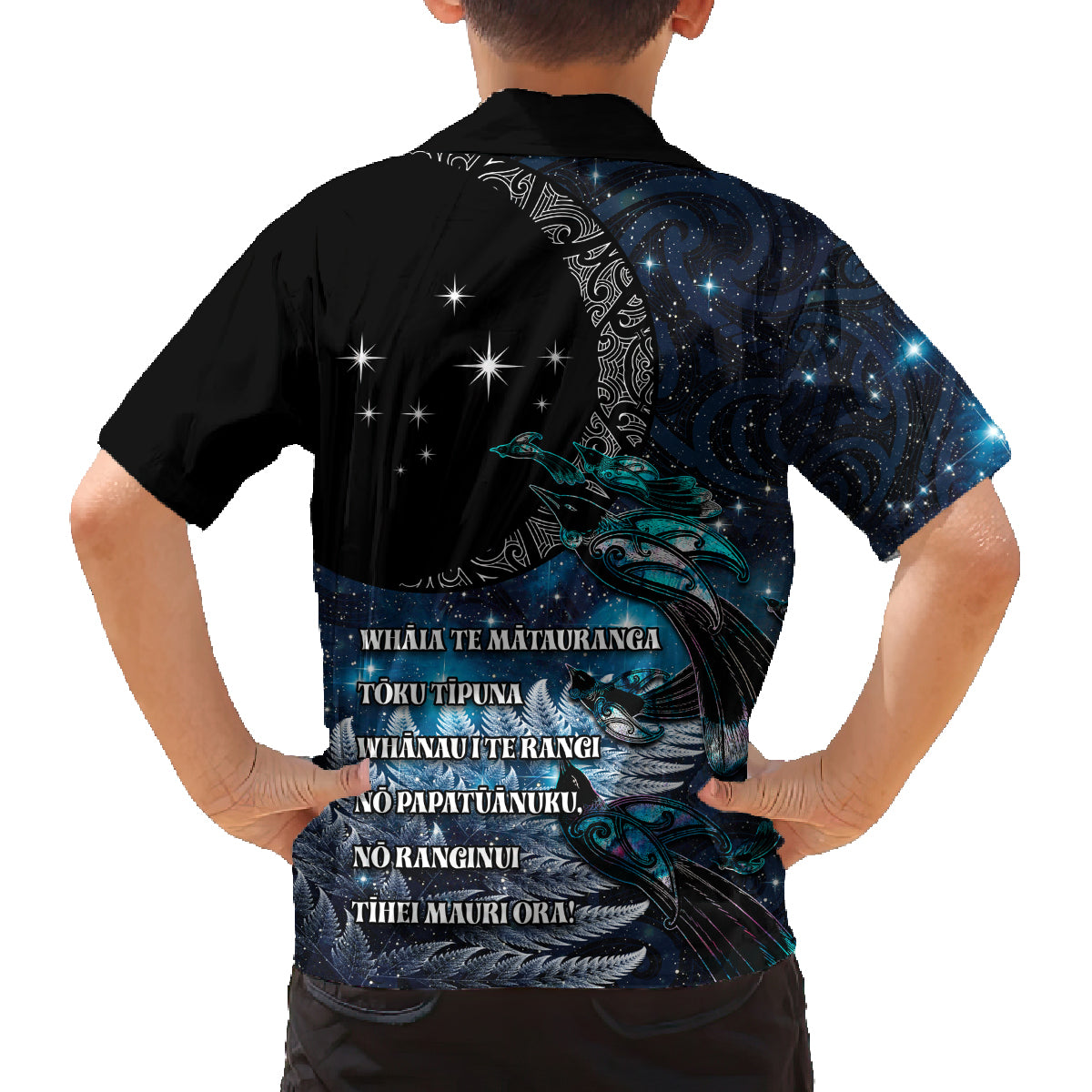 New Zealand Tui Bird Family Matching Off Shoulder Maxi Dress and Hawaiian Shirt Matariki Poetry Pattern Galaxy Style LT03 - Polynesian Pride