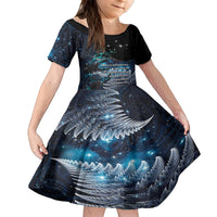 New Zealand Tui Bird Family Matching Off Shoulder Maxi Dress and Hawaiian Shirt Matariki Poetry Pattern Galaxy Style LT03 Daughter's Dress Blue - Polynesian Pride